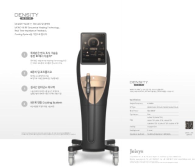 Density Noir brochure: MONO-BI sequential heating, 8 tip types, real-time impedance feedback, 5-level cooling